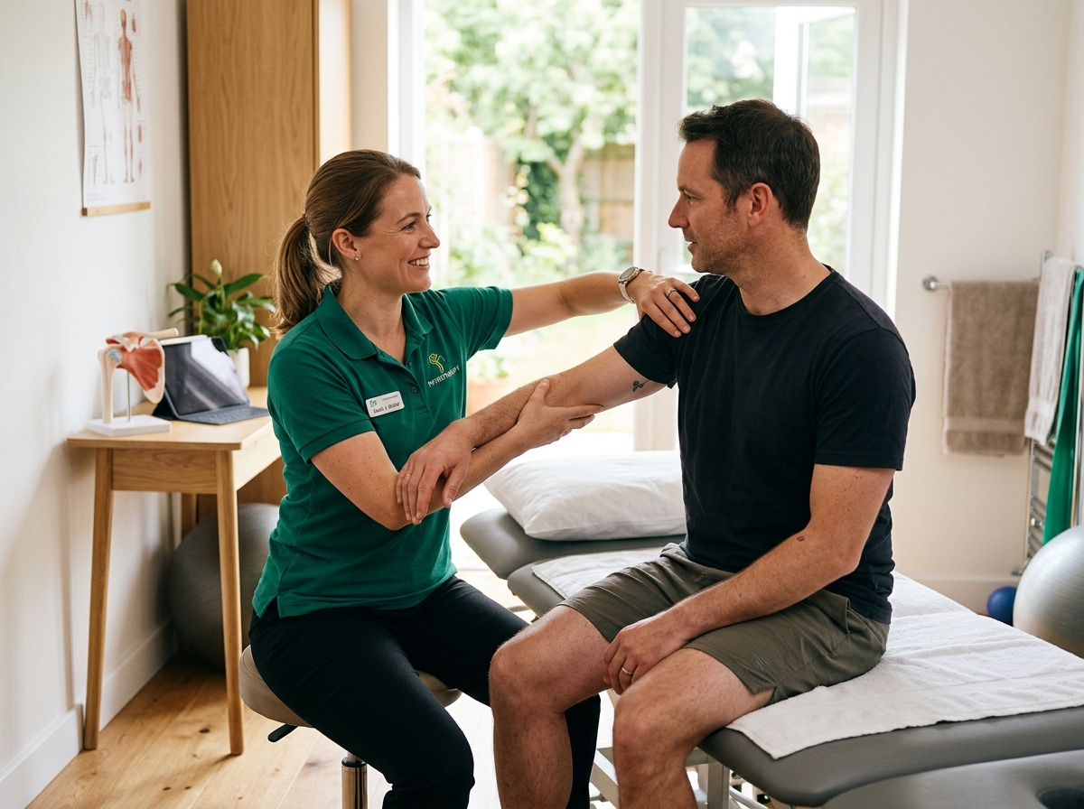 Chartered physiotherapist conducting shoulder and upper back assessment with patient