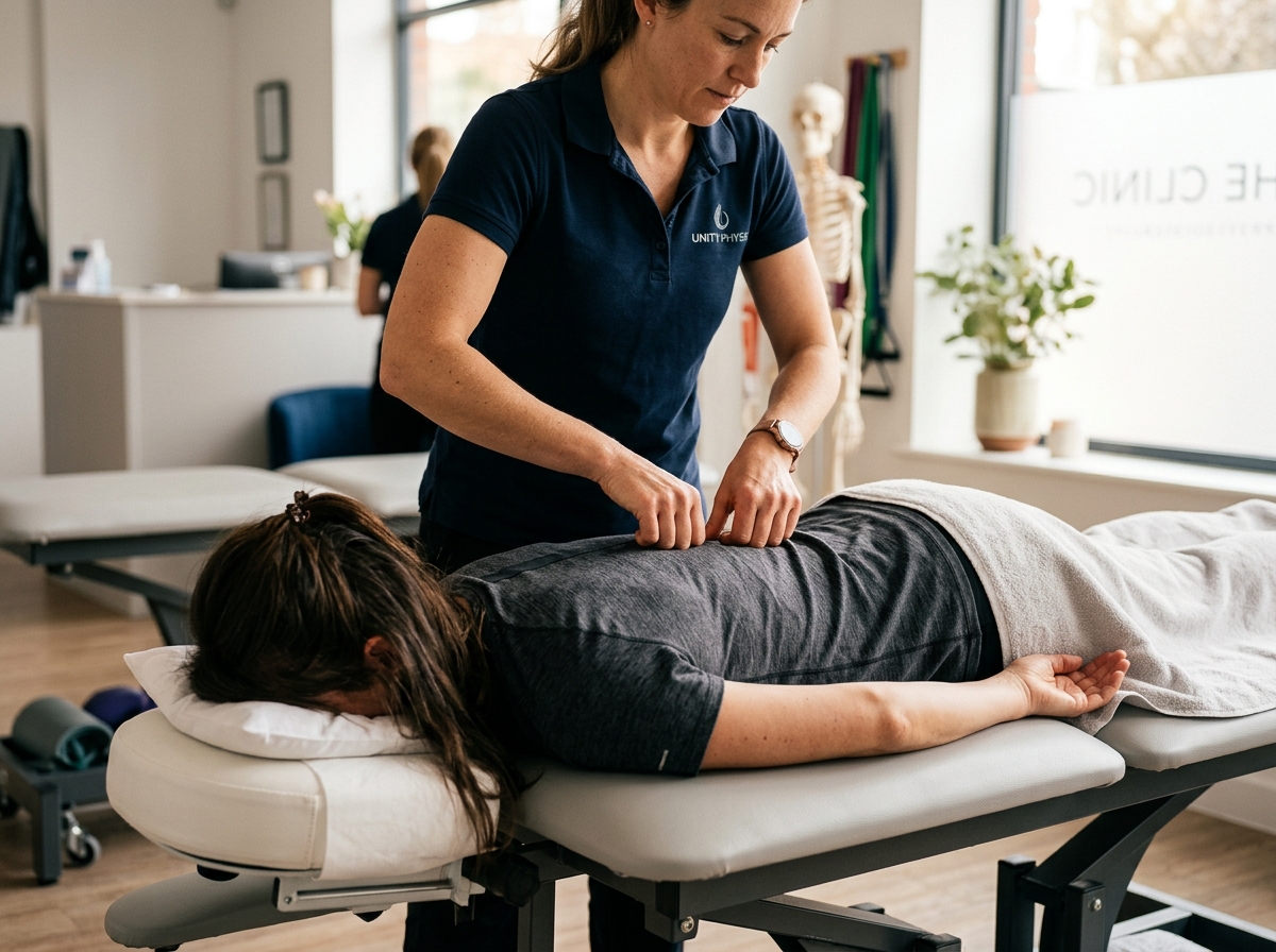 Physiotherapist performing gentle spinal mobilization and manual therapy on treatment plinth